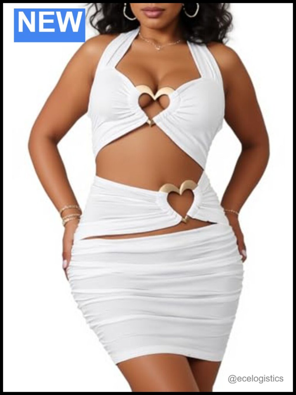 Women's Sexy 2 Piece Skirt Set Cutout Halter Top Ruched Mini Skirt Polyester